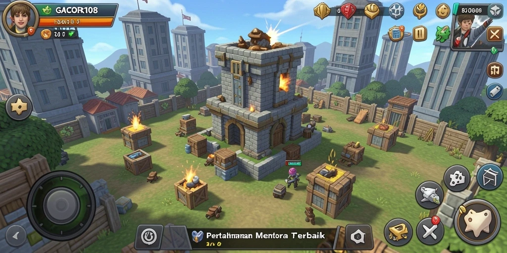 Tampilan gameplay seru dalam GACOR108 dengan menara pertahanan yang megah.