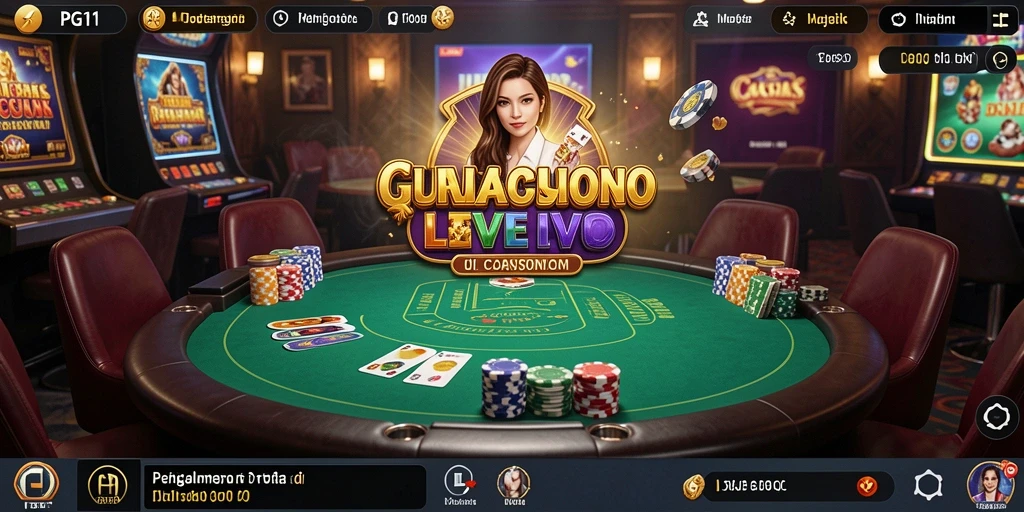 Screenshot PG11 menunjukkan dealer langsung yang siap melayani pemain dalam suasana kasino yang hidup.