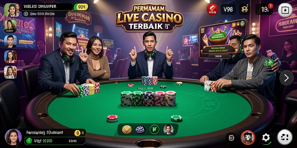 Screenshot V98 menampilkan dealer profesional dalam permainan Live Casino yang mendebarkan.